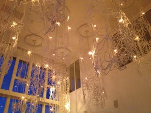 Dining room lighting fashioned from locally made fishing ropes.